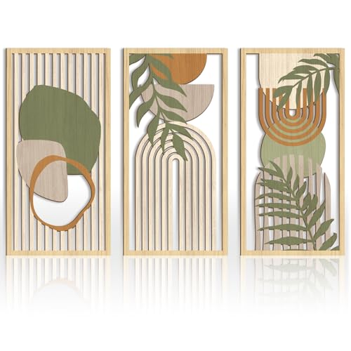 Boho Mid Century Modern Wood Wall Art 16x32 Inch Large Green Abstract Wood Wall Decor Mid Century Bohemian Artwork for Bedroom Living Room Office Kitchen Set of 3