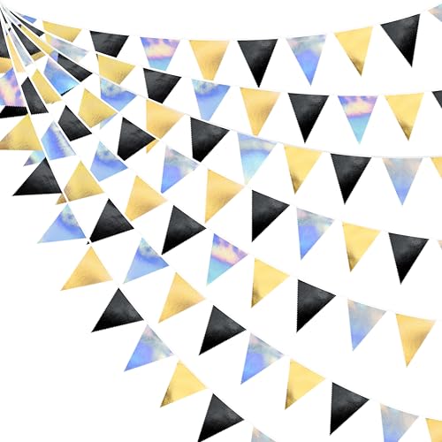 Black Gold Iridescent Party Decorations Triangle Pennant Banner Flag Metallic Fabric Bunting for Birthday Graduation Retirement Wedding Bridal Shower Engagement Bachelorette Disco Party Supplies (32 Foot)