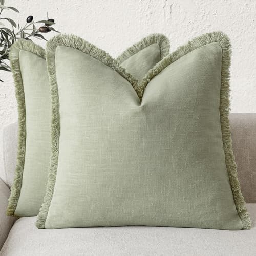 Decorative Linen Fringe Throw Pillow Covers 16×16 Light Green (2 Count)