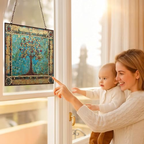 Rectangle Tree of Life Stained Glass Window Hanging Sun Catcher Halloween Haning Ornament Decoration Christmas Birthday Gifts for Lover Friends Mother