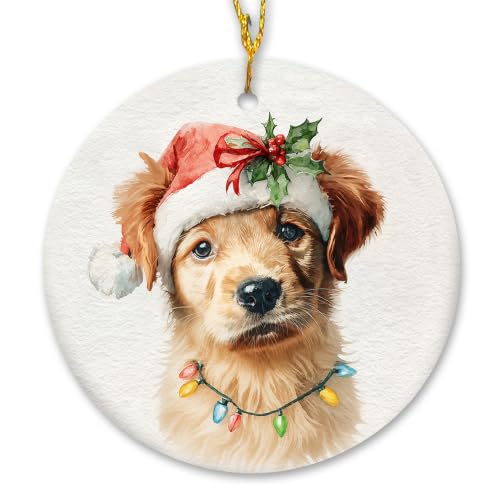 Santa Golden Retriever Puppy Christmas Ceramic Ornament