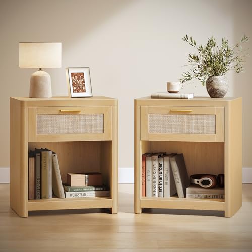 Set of 2 Boho Nightstands with Rattan (2 Count)