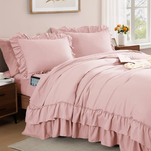 King Size Comforter Set Soft Pink Ruffle 7 Pieces Farmhouse Bed in a Bag