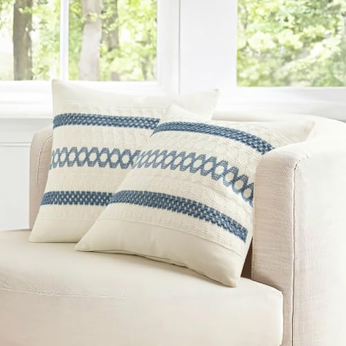 Set of 2 Coastal Blue Boho Decorative Pillow Covers 18x18 Inch (2 Count)