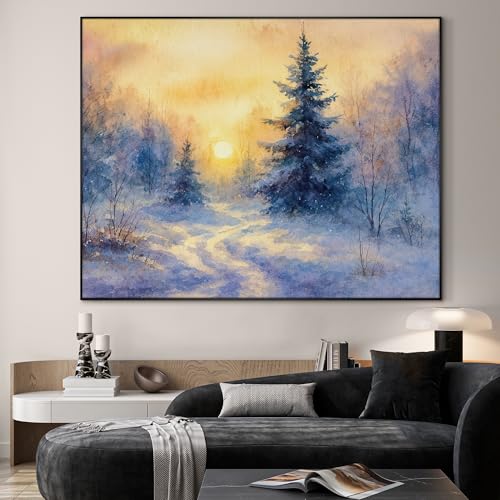 36"x46" Extra Large Framed Wall Art Winter Sunrise in Snowy Pine Forest Watercolor Style for Home Living Room Bedroom Decor