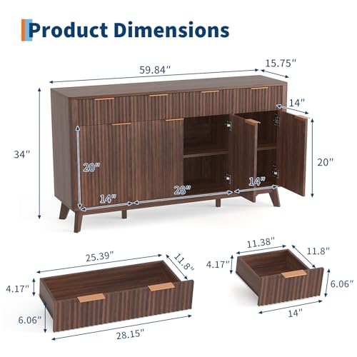 60" Large Farmhouse Sideboard Buffet Cabinet with Storage Drawers & Adjustable Shelves