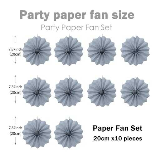 Gray Party Decorations 8in Hanging Paper Fans DIY Set 10Pcs (30 Count)