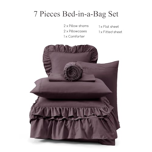 Oversized Queen Comforter Set Dark Purple Ruffle 7 Pieces Bed in a Bag