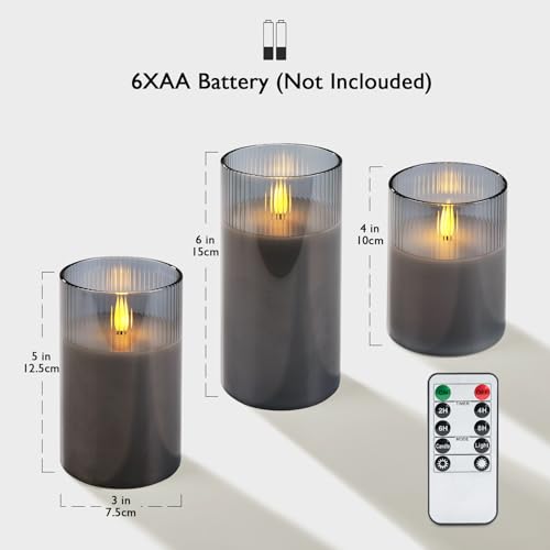 Grey Ribbed Glass Flameless Electric LED Candles with Remote Timer (3 Count)