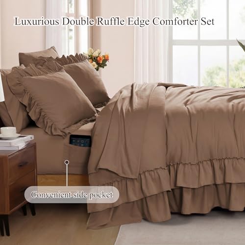 King Size Comforter Set Amber Brown Ruffle 7 Pieces Farmhouse Bed in a Bag