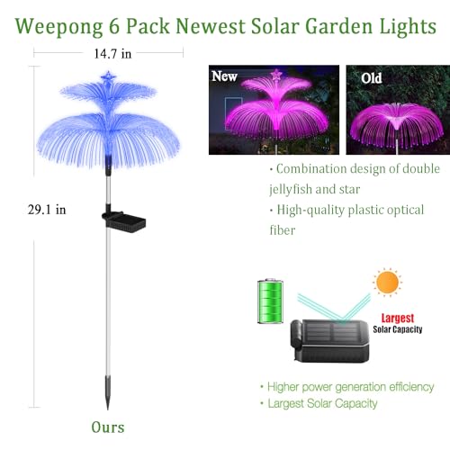 Solar Garden Lights 6 Pack New Upgraded Solar Lights Outdoor Waterproof 7 Color Changing Double Jellyfish and Star Flower Garden Decor Yard Lawn Christmas Decorations (6 Count)