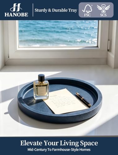 Navy Blue Round Decorative Trays for Coastal Coffee Table Decor