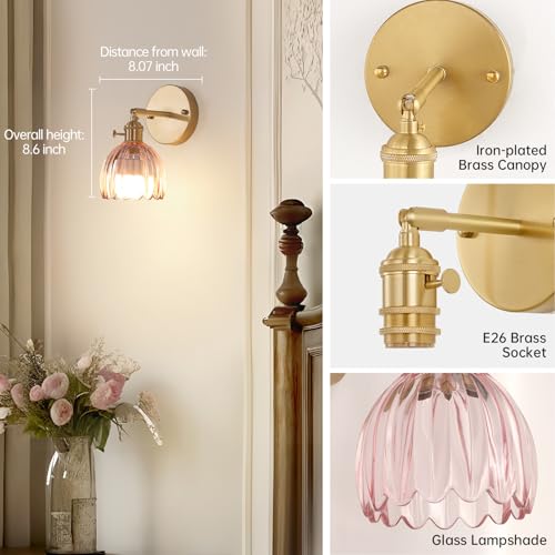Vintage 5000 mAh Battery Operated Wall Sconce with Pink Clear Tulip Glass Lampshade Rechargeable Battery Powered Wall Light with Remote Control for Bedroom Doorway (2 Count)