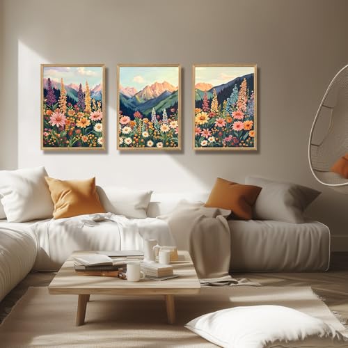 Wood Framed Boho Moutain Wildflower Wall Art Set of 3 (3 Count)