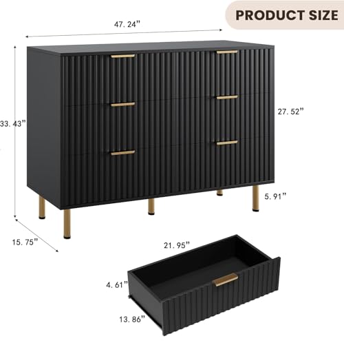 47.2" Fluted Black 6 Drawer Dresser for Bedroom with Deep Drawer