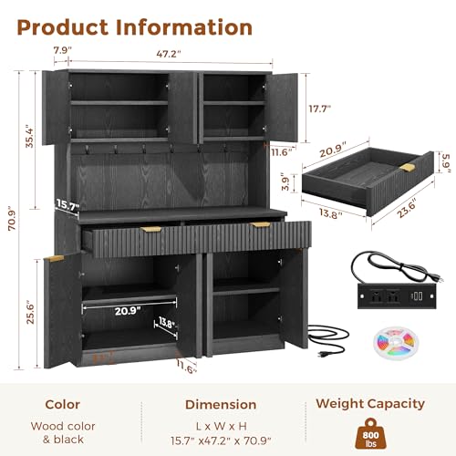 Fluted Kitchen Pantry Storage Cabinet with Charging Station & LED Lights