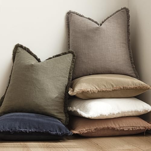 Boho Linen Fringe Lumbar Throw Pillow Covers 12×24 Brown Tan (2 Count)