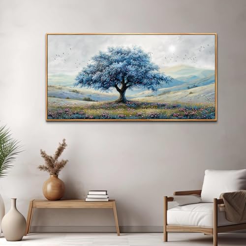 Wood Framed Canvas Wall Art For Living Room Large Wall Decor For Office Bedroom Decorations Blue Tree Landscape Pictures Farmhouse Paintings Artwork Wall Mural Modern Home Decor 30x60 In
