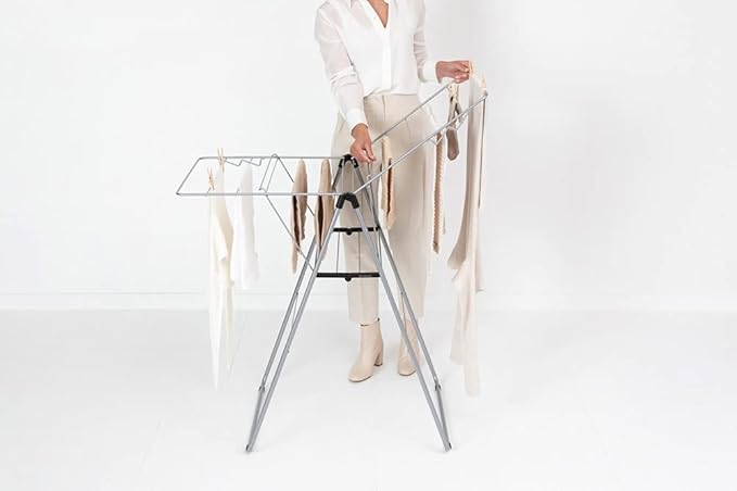 Brabantia HangOn Compact Clothes Drying Rack | 49ft (15m) | Metallic Gray | Small Indoor Clothes Airer Laundry Stand with 2 Fold-out Wings & Hanger Hooks, Folds Flat, Ideal for Condos | Fits Full Load