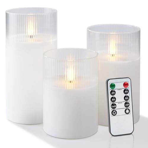 White Ribbed Glass Flameless LED Pillar Candles with Remote Timer
