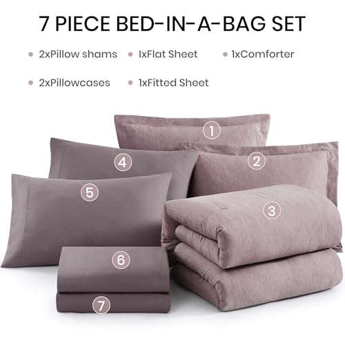 King Size Comforter Set 7 Pieces Lilac Cationic Dyeing Bed in a Bag