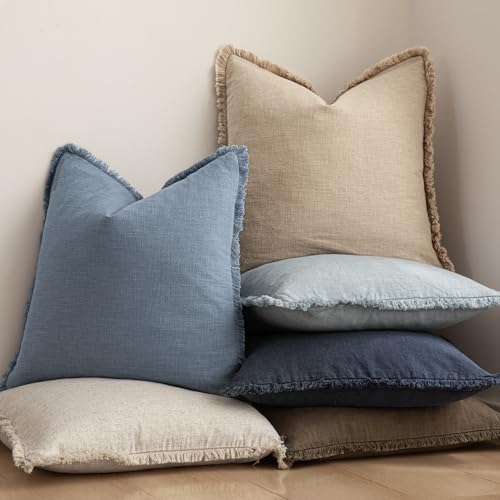 Decorative Linen Fringe Throw Pillow Covers 16×16 Misty Blue (2 Count)