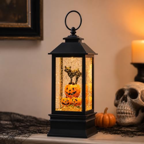 10'' Halloween Snow Globe Lantern Lighted Musical Water Lantern Spooky Pumpkin and Witch' s Black Cat Combo with Swirling Glitter