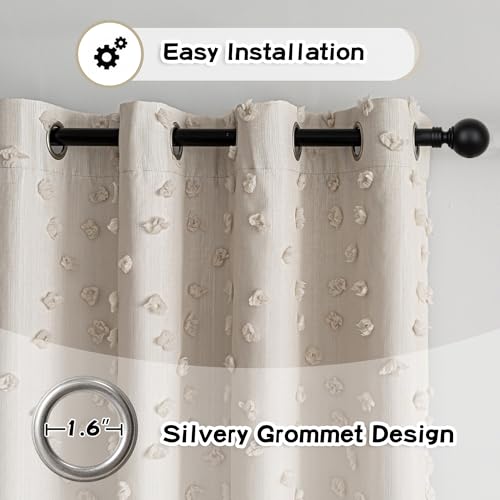 100% Blackout Curtains for Nursery Thermal Insulated Beige Pom Pom Curtain 72 Inch Length for Girls Bedroom 2 Panels Grommet White Sheer Drapes for Kitchen Dining Room Door (2 Count)