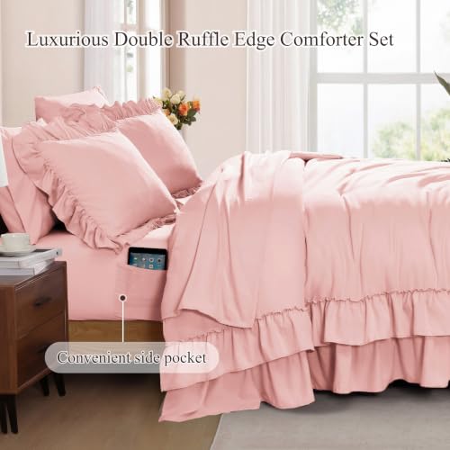 King Size Comforter Set Rosewater Ruffle 7 Pieces Farmhouse Bed in a Bag