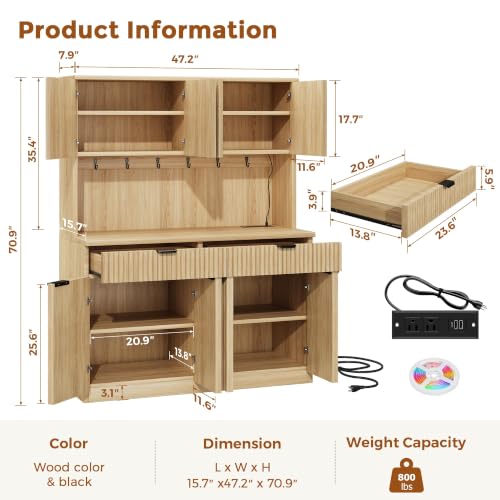 Fluted Kitchen Pantry Storage Cabinet with Charging Station & LED Lights