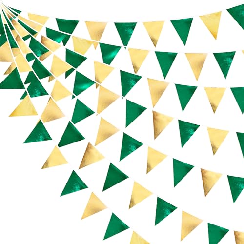 Green Gold Party Decorations Metallic Fabric Triangle Pennant Banner Flag Bunting Garland for Graduations Birthday Retirement Wedding Shower Spring Summer Master Golf Themed Outdoor Party Supplies