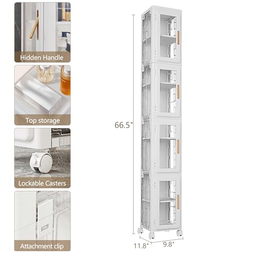 4 Tier Tall Plastic Slim Storage Cabinet with Lockable Wheels