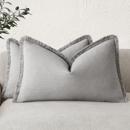 Boho Linen Fringe Lumbar Throw Pillow Covers 12×20 Light Gray (2 Count)