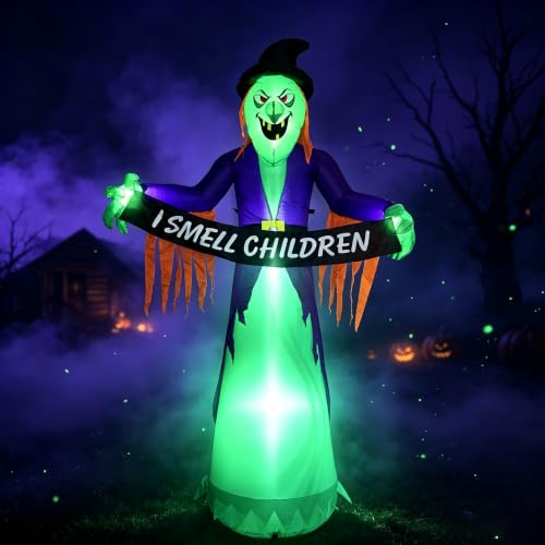 8FT Halloween Inflatable Witch Decorations for Outdoor Yard with LED Lights (Greenish Purple)