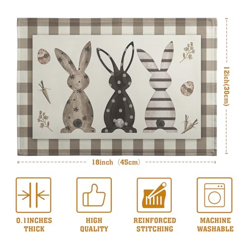 Easter Bunny Buffalo Plaid Placemats Set of 4 Rabbit Spring Egg Dining Table Placemats 12x18 Inch Check Brown White Heat Resistant Washable Table Mats for Kitchen Dining Holiday Indoor (4 Count)