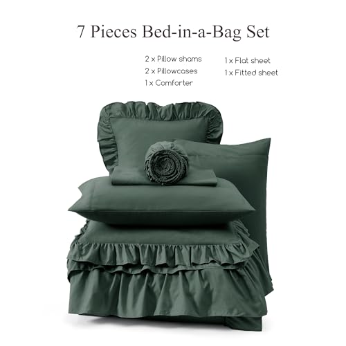 Full Size Comforter Set Forest Green Ruffle 7 Pieces Farmhouse Bed in a Bag