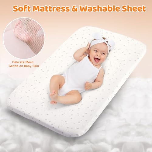 3-in-1 Baby Bassinet, Rocking Baby Bassinets Bedside Sleeper, Adjustable Portable Crib for Newborn Infant with Wheels Storage Basket and Mesh Sides
