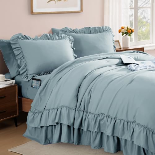 King Size Comforter Set Dusty Blue Ruffle 7 Pieces Farmhouse Bed in a Bag