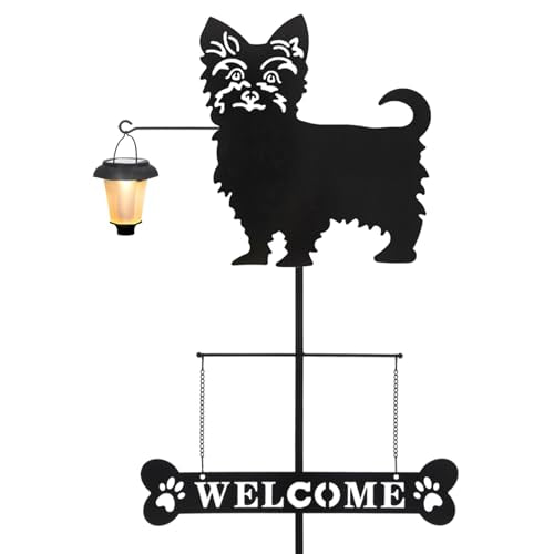 Solar Yorkie Silhouette Dog Breed Welcome Sign with a Lantern