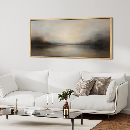 Extra Larg Framed Canvas Print Wall Art Abstract Landscape Neutral Tones Misty Horizon Illustrations Decorative Colorful for Bedroom
