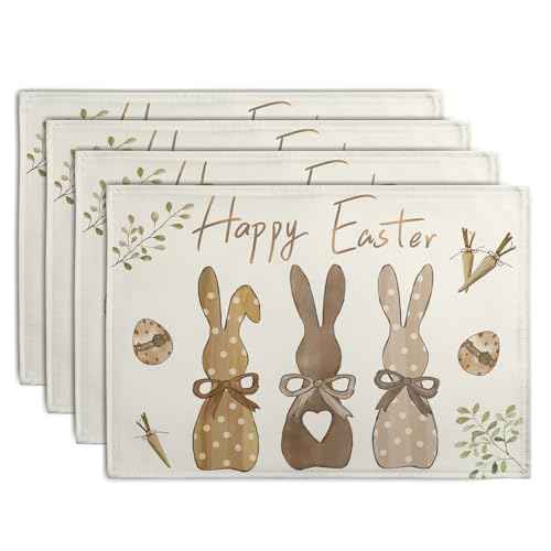 Happy Easter Bunny Placemats Set of 4 Easter Rabbit Egg Carrots Linen Fabric Table Mats Spring Seasonal Rustic Holiday Washable Place Mats for Party Kitchen Dining Indoor Decor 12x18 Inch (4 Count)