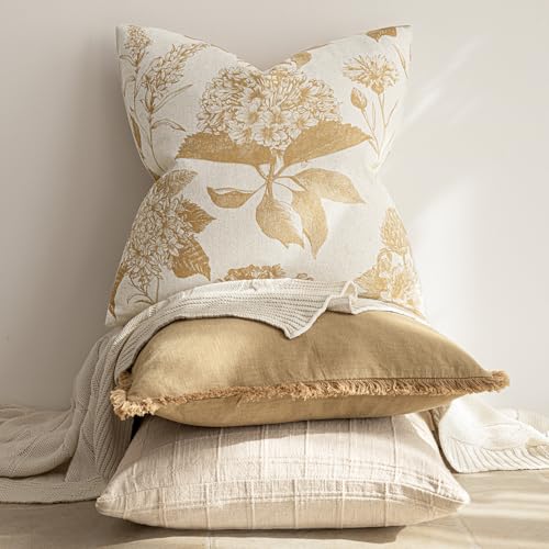 Set of 2 Linen Floral Vintage Throw Pillow Covers Neutral Accent Print Decorative Cozy Cushion Covers Farmhouse Home Decor for Sofa Chair Couch Bed Living Room (2 Count)