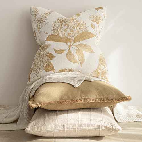Set of 2 Linen Floral Vintage Throw Pillow Covers Neutral Accent Print Decorative Cozy Cushion Covers Farmhouse Home Decor for Sofa Chair Couch Bed Living Room