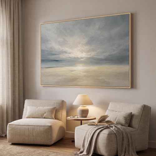 Extra Large Framed Beige Blue Coastal Abstract Wall Art