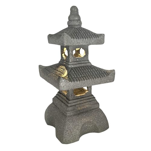 2 Tier Pagoda Garden Statue LED Solar Powered Light 18" Tall Outdoor Zen Garden Lantern Landscape Lawn Asian Pagoda Stupa Decor Grey Resin