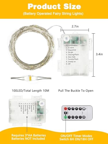 6 Pack 100 LED Fairy Lights Battery Operated with Remote