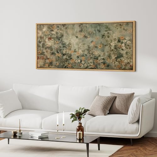 Extra Large Framed Canvas Print Wall Art Minimalist Ink Branches Illustrations Antique Retro Fine Art Illustrations Decorative Colorful for Bedroom