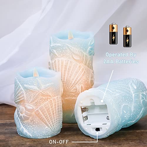 Ocean Flameless Candles with Remote Carved Seashell Real Wax Flicker Battery Operated Candles for Home Party Wedding Nautical Summer Christmas Decor (3 Count)