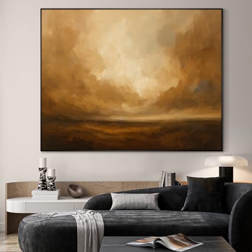 60"x72" Extra Large Framed Wall Art Golden Horizon Abstract Landscape Warm Brown and Amber Sky Illustration for Home Living Room Bedroom Decor