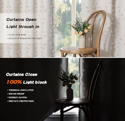 100% Blackout Curtains for Nursery Thermal Insulated Beige Pom Pom Curtain 72 Inch Length for Girls Bedroom 2 Panels Grommet White Sheer Drapes for Kitchen Dining Room Door (2 Count)
